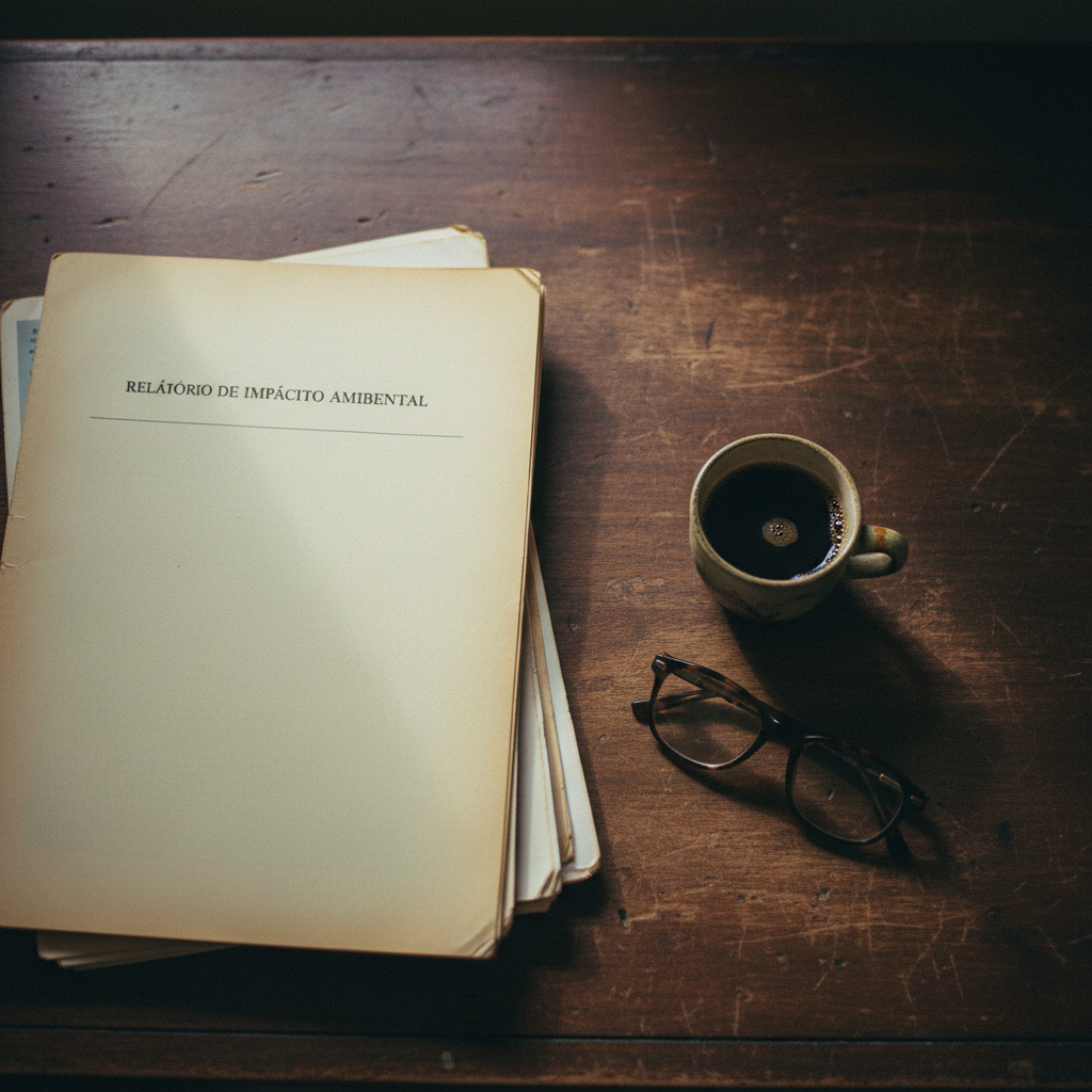A wooden desk in a quiet office with a stack of Brazilian regulatory documents, a coffee cup, and a pair of spectacles.