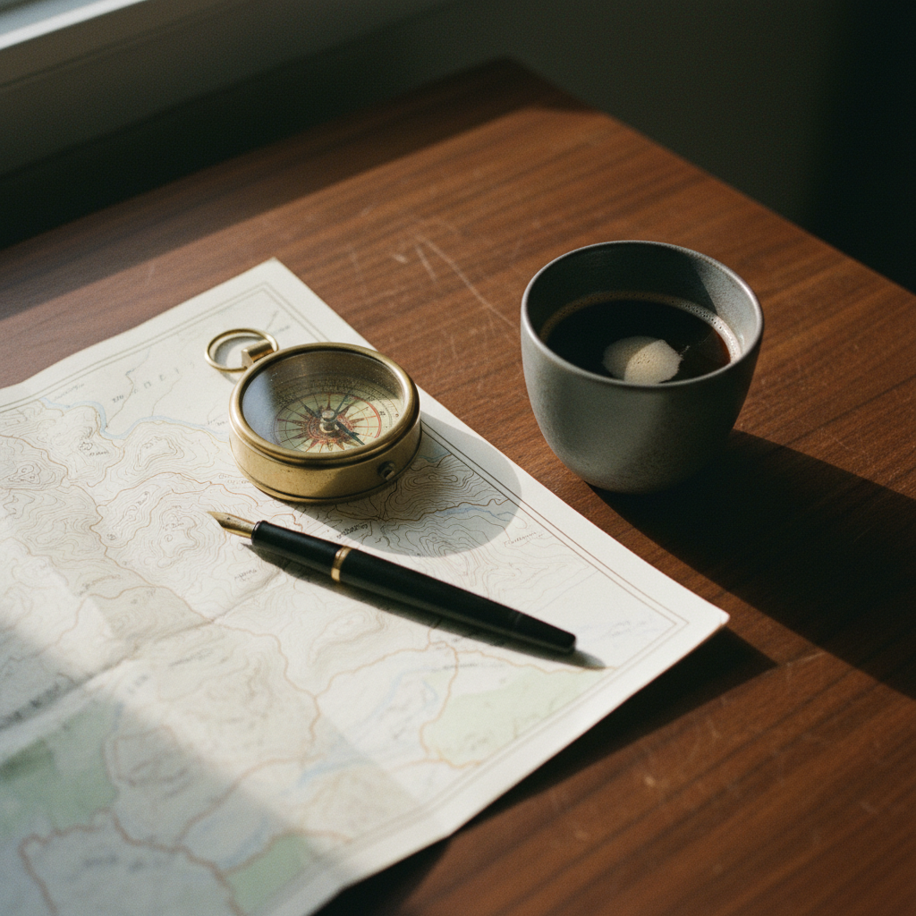 A high-end leather desk blotter with a vintage brass compass, a fountain pen, and a folded topographic map.