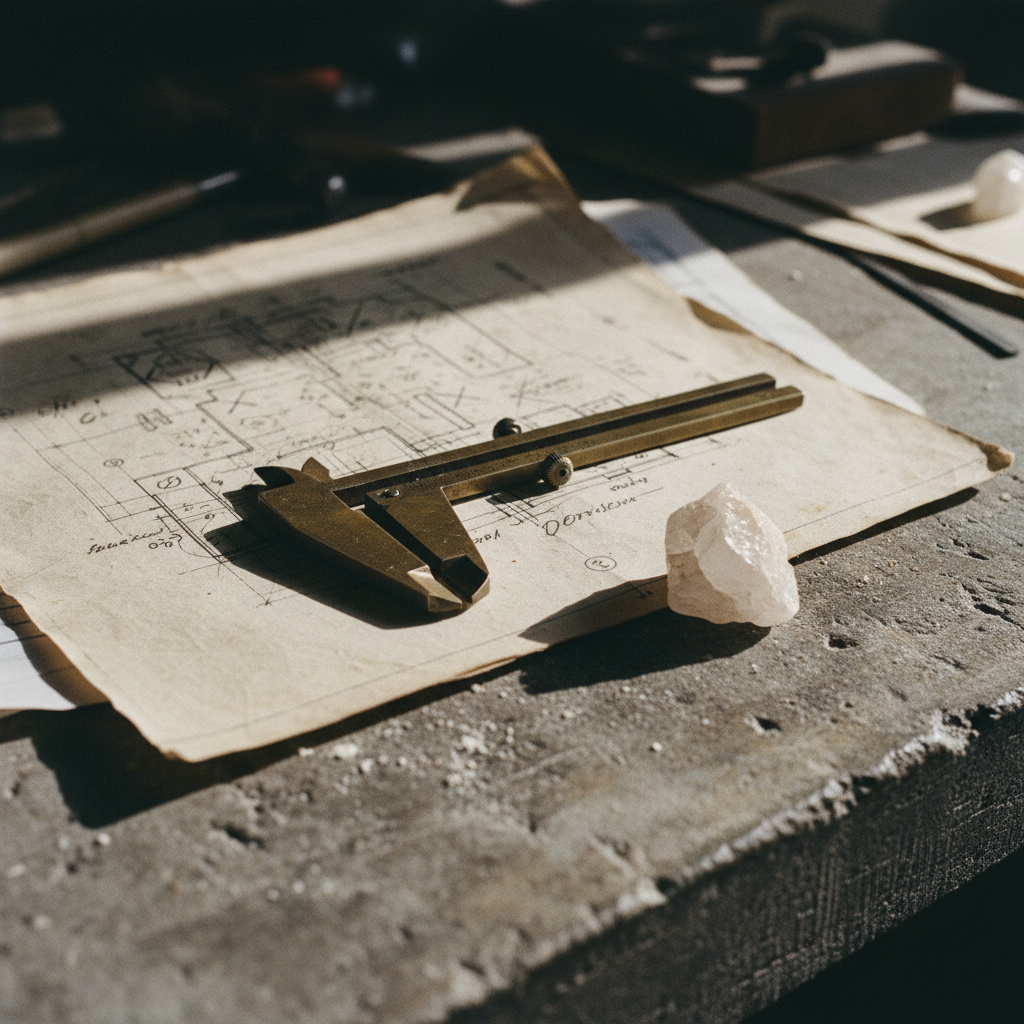 Close up of architectural blueprints for a modern data center laid out on a dusty concrete surface.