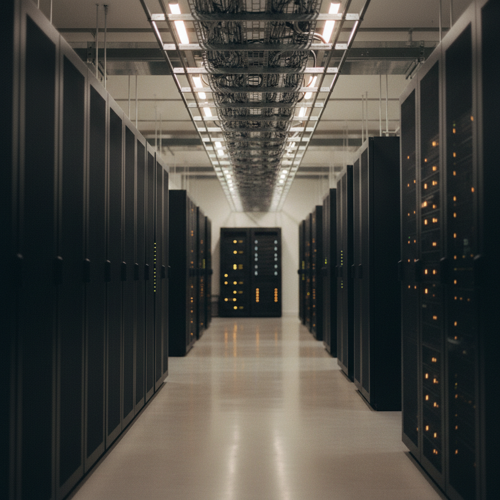 A high-end server rack environment with neat cabling and soft amber status lights in a modern data facility.