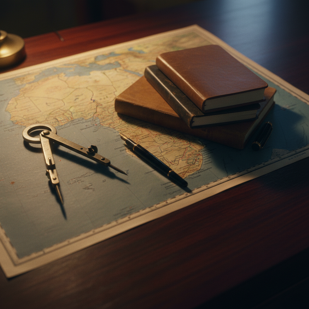 A detailed topographical map of West Africa laid out on a dark timber desk with a pair of brass calipers and a fountain pen nearby.