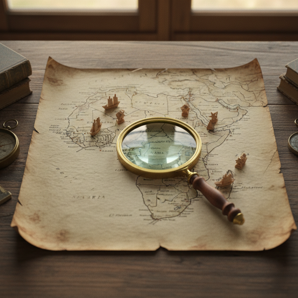 A weathered map of West Africa laid out on a plotting table, with small hand-carved wooden markers placed over major urban hubs like Lagos, Abuja, and Accra. A magnifying glass rests on the edge.