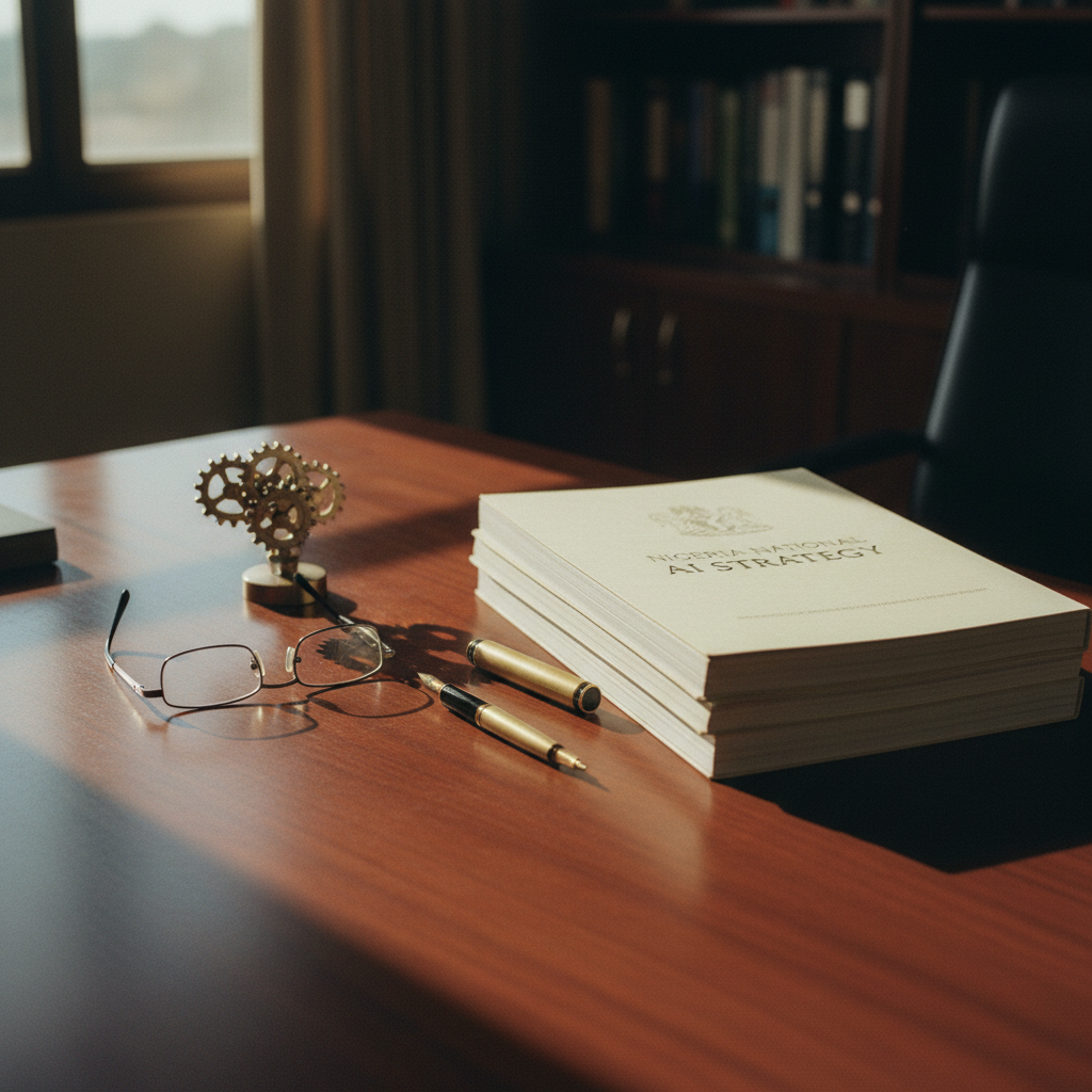 A close-up of a well-worn mahogany desk in a Lagos workspace featuring a vintage typewriter, a stack of bound policy documents, and a brass paperweight in the shape of a lion. Warm morning light through a slatted window.