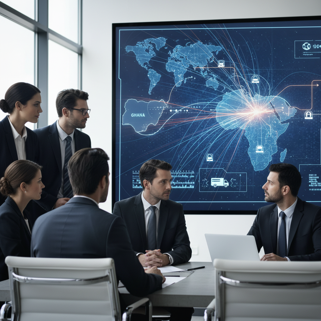 A professional meeting between a team of analysts and international investors reviewing data on a digital interface.