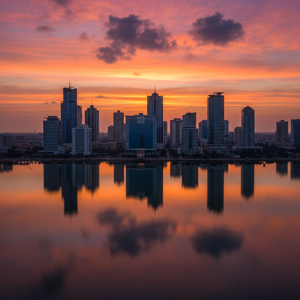 A modern skyline of Lagos, Nigeria, blending contemporary architecture with a bustling commercial port at sunset.