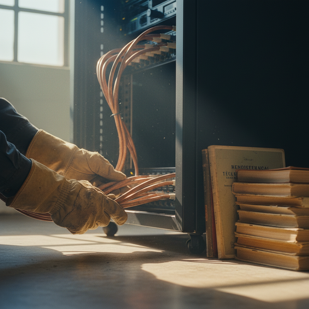 Close-up of industrial machinery and server rack components being installed in a clean, brightly lit environment.