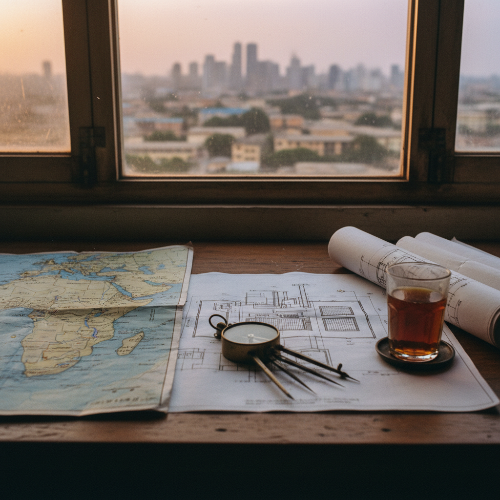 A high-angle shot of a busy commercial district in Lagos with architectural blueprints and a compass on a wooden desk in the foreground.