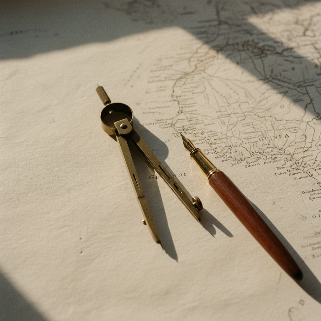A high-detail close-up of a vintage brass drafting compass resting on a weathered topographic map of West Africa.