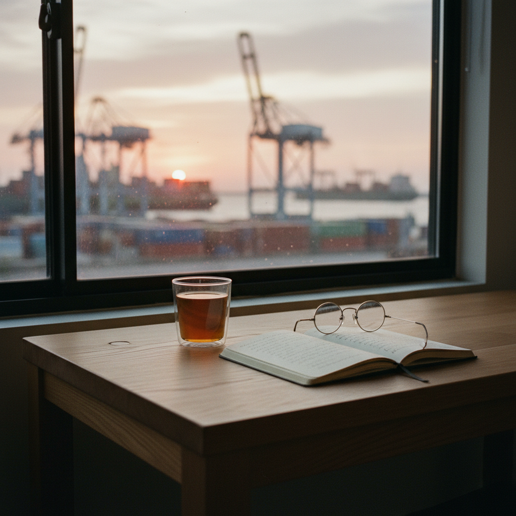 An organized desk with a glass of tea, a notebook with handwritten notes, and a view of a busy Lagos harbor in the distance.
