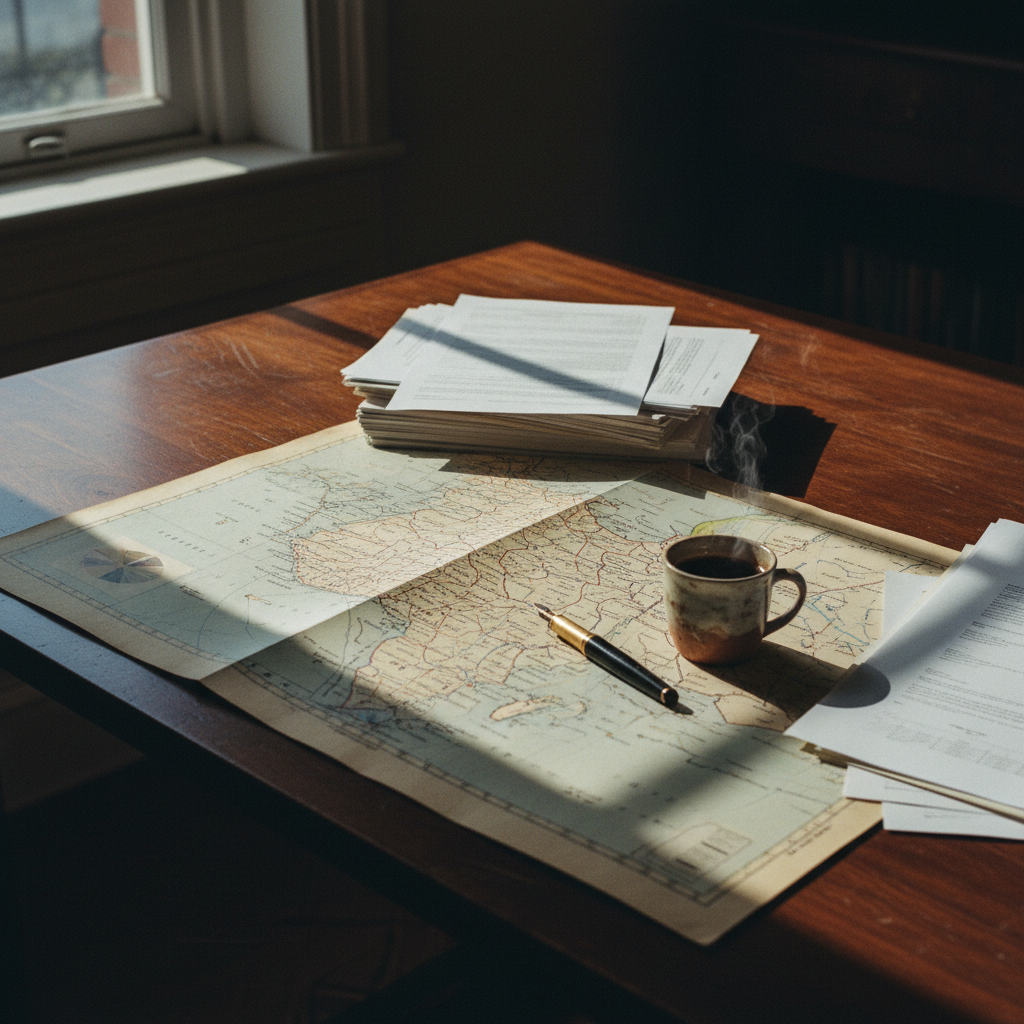 A high-angle shot of a large mahogany table covered in printed maps of West Africa, several open analytical reports, a brass compass, and a pair of spectacles. Warm morning light through a window.
