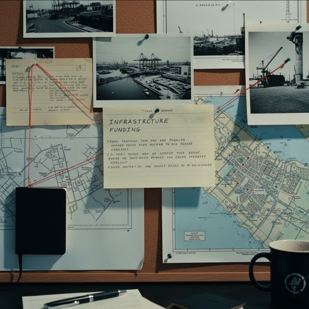 A close-up of a wall-mounted corkboard featuring pinned newspaper clippings, printed satellite imagery, and red string connecting various points of interest. Professional and tactical.