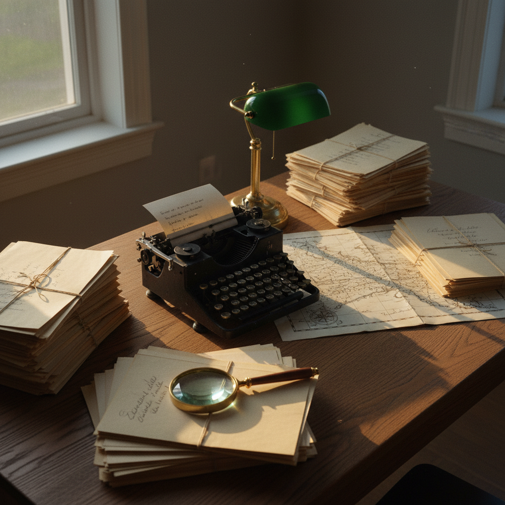 A vintage oak desk with a heavy typewriter, stacks of manila folders, and an open nautical map.