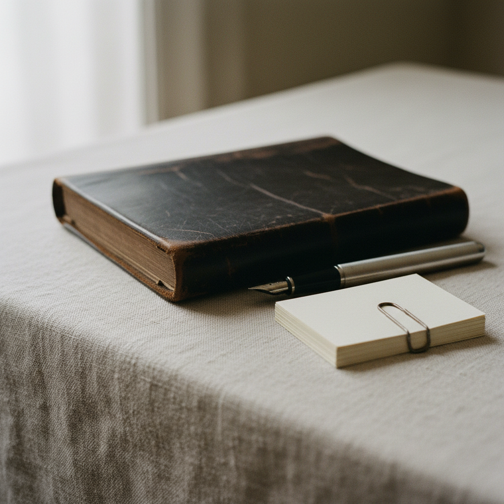 A leather-bound ledger next to a fountain pen and a small stack of index cards.