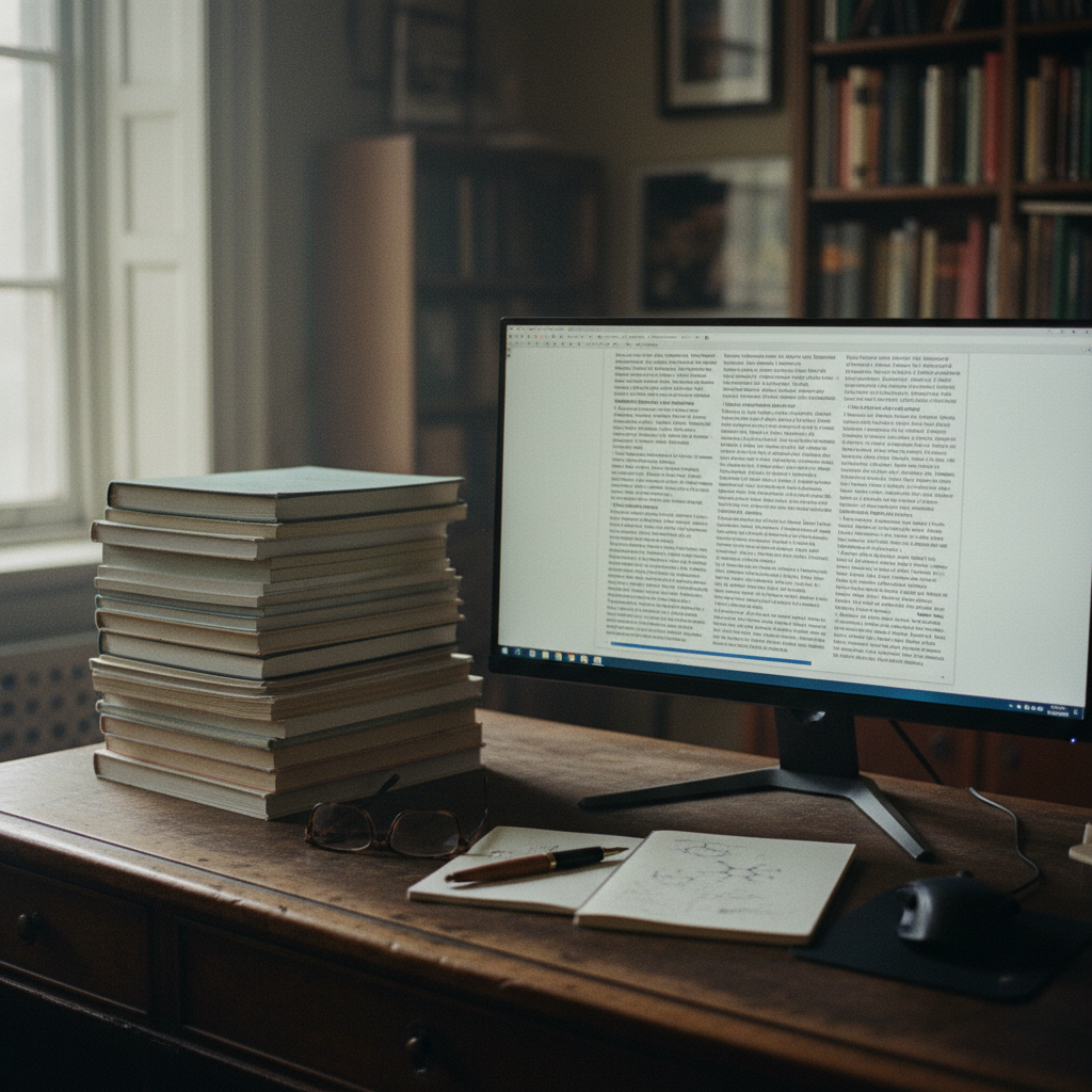 A high-contrast photograph of a researcher's oak desk with a heavy stack of academic journals and a single specialized workstation monitor showing text-dense documents.