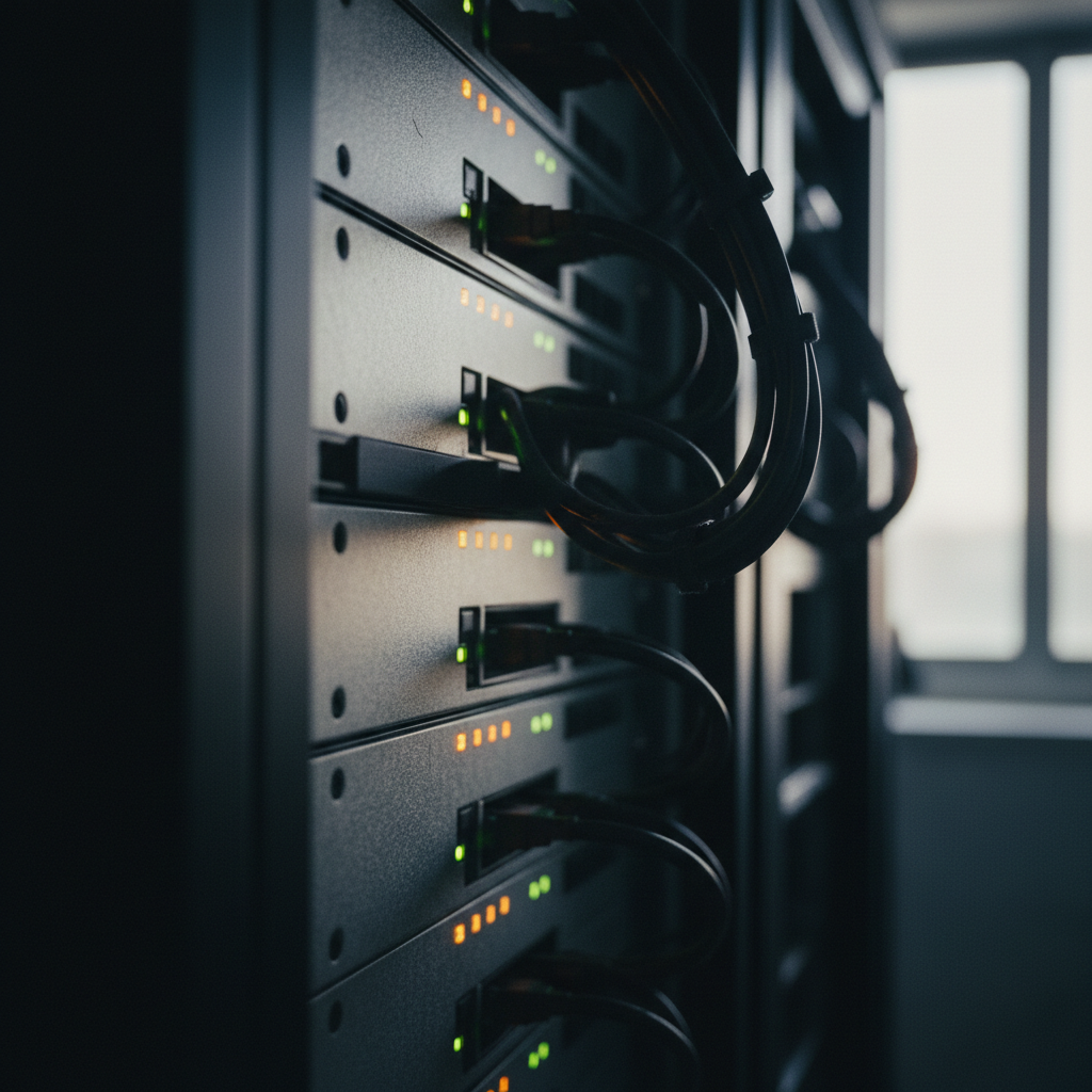 Close-up of a high-performance local server rack in a university basement, illuminated by soft amber indicator lights.