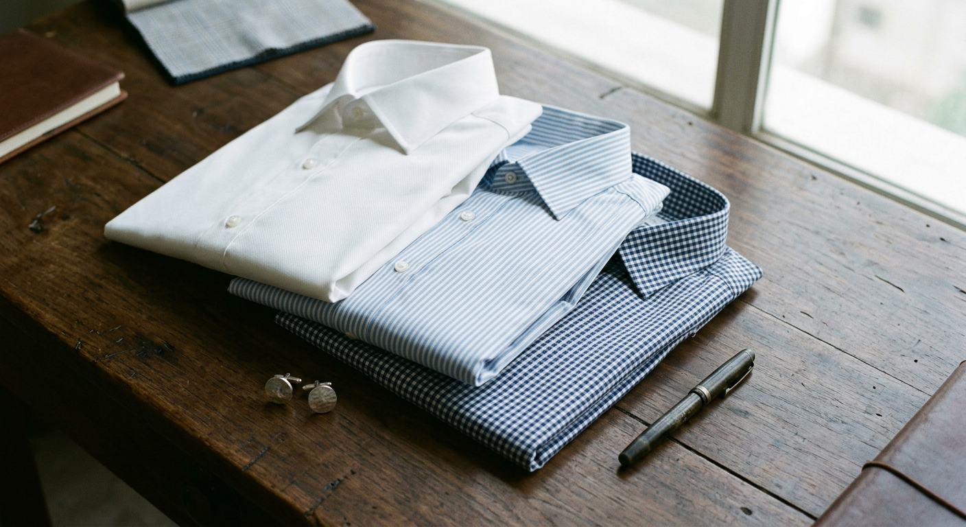 A stack of crisp white and blue striped Calabria shirts made from premium cotton.