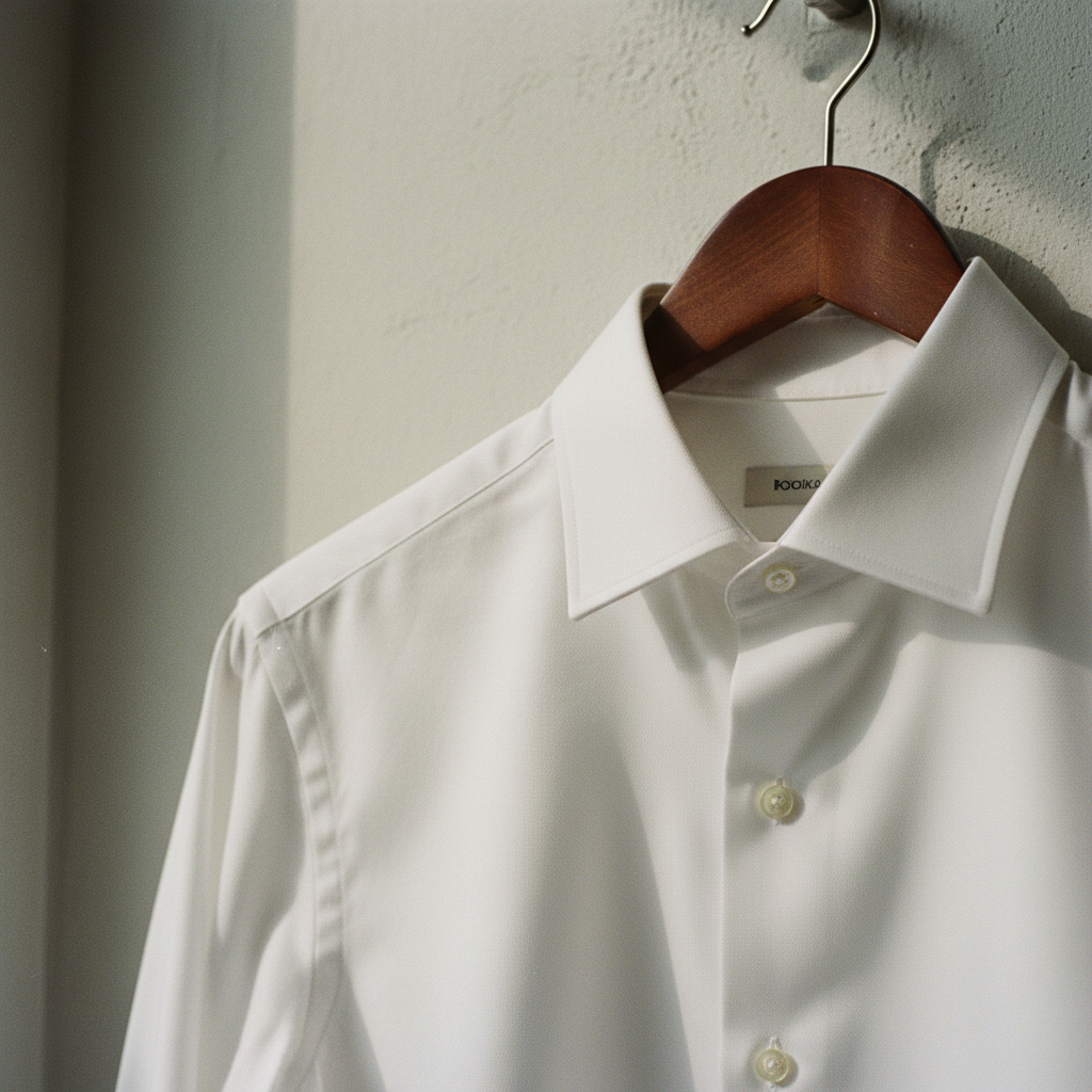 A close-up of a crisp white Calabria dress shirt on a wooden hanger against a minimalist stone wall.
