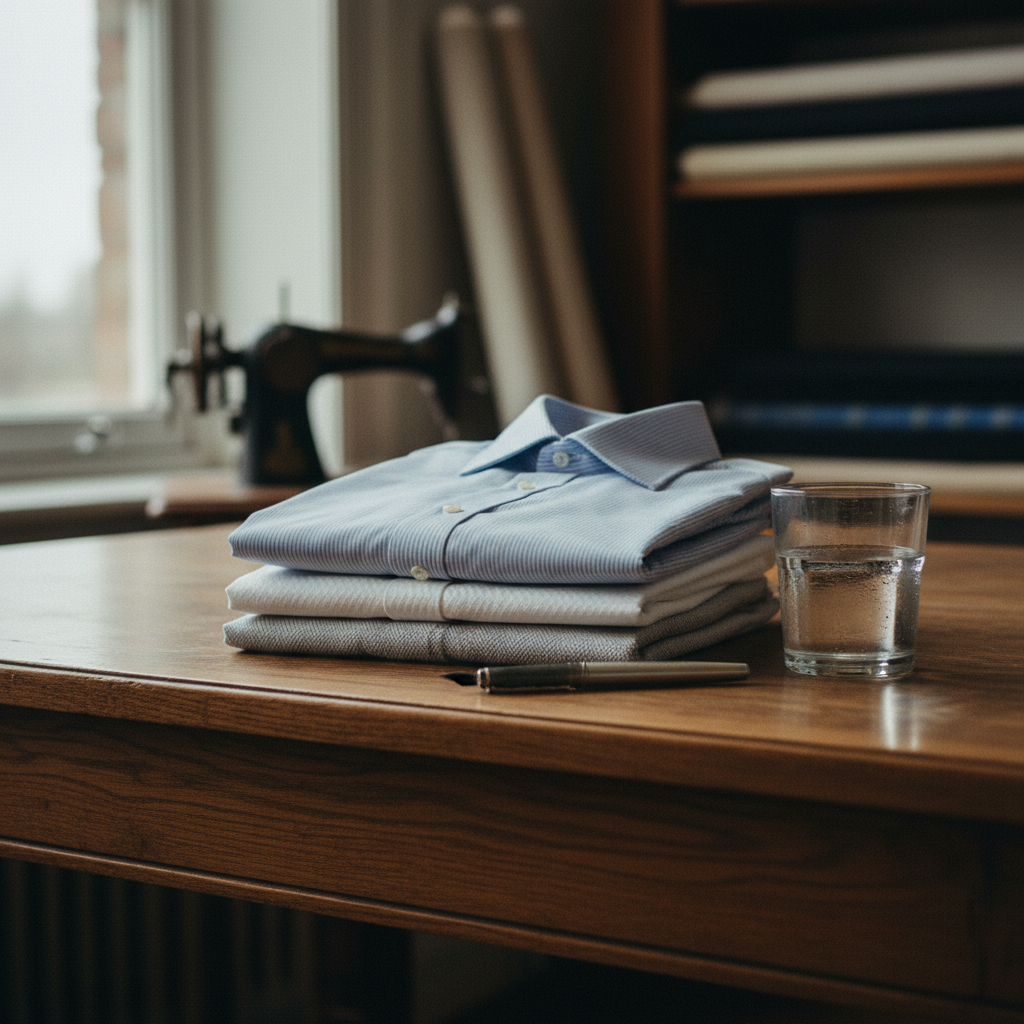 A stack of folded Calabria shirts showing various textures like dobby and herringbone.
