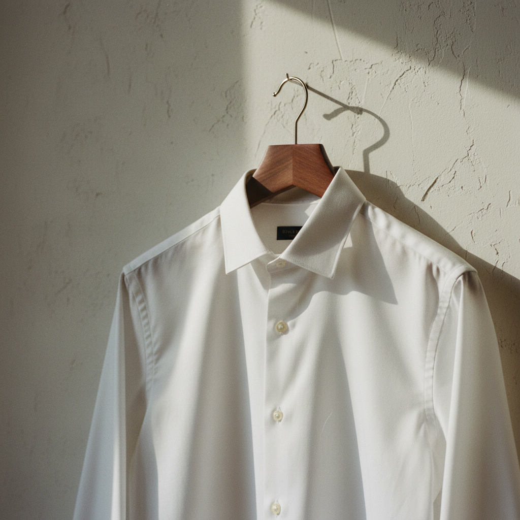 A crisp white luxury shirt hanging on a wooden rail against a lime-washed wall.