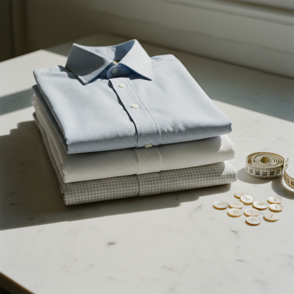 A close-up of folded blue and white striped cotton fabrics on a marble table.
