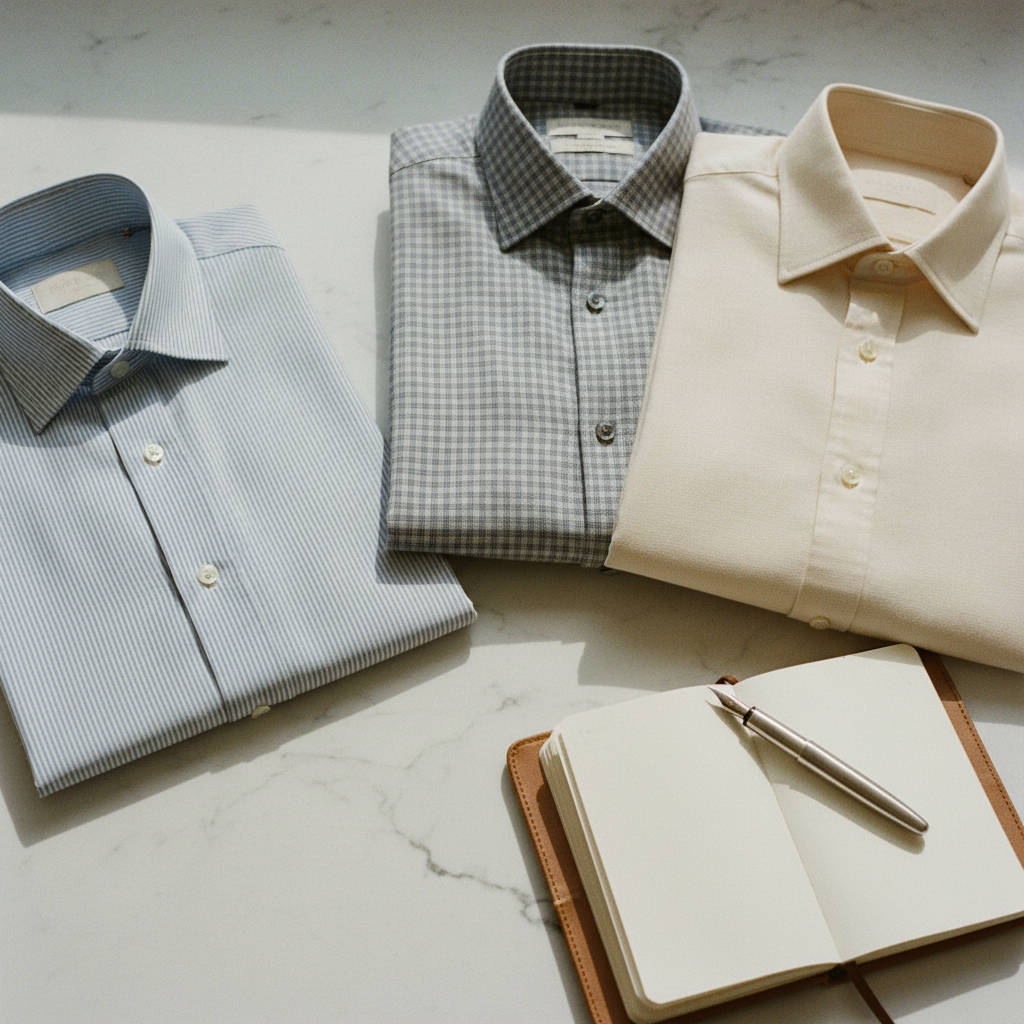 A selection of folded striped and checked Calabria shirts on a minimalist shelf.