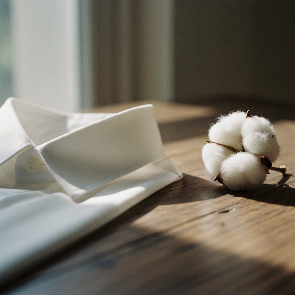 Close-up of raw cotton fibers and a finely woven white dress shirt fabric texture.