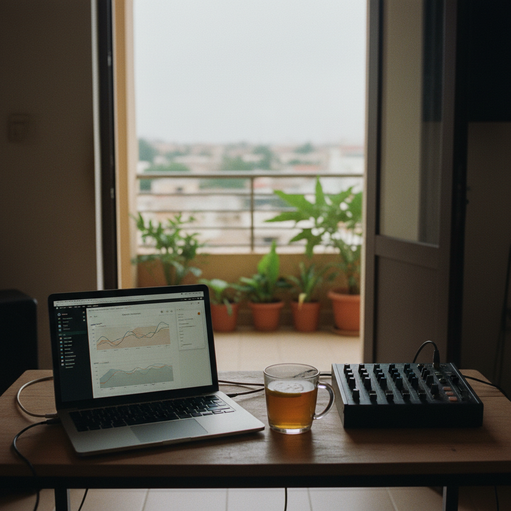 A workspace showing a laptop with a music distribution dashboard open, surrounded by local Tanzanian snacks and a cup of tea.