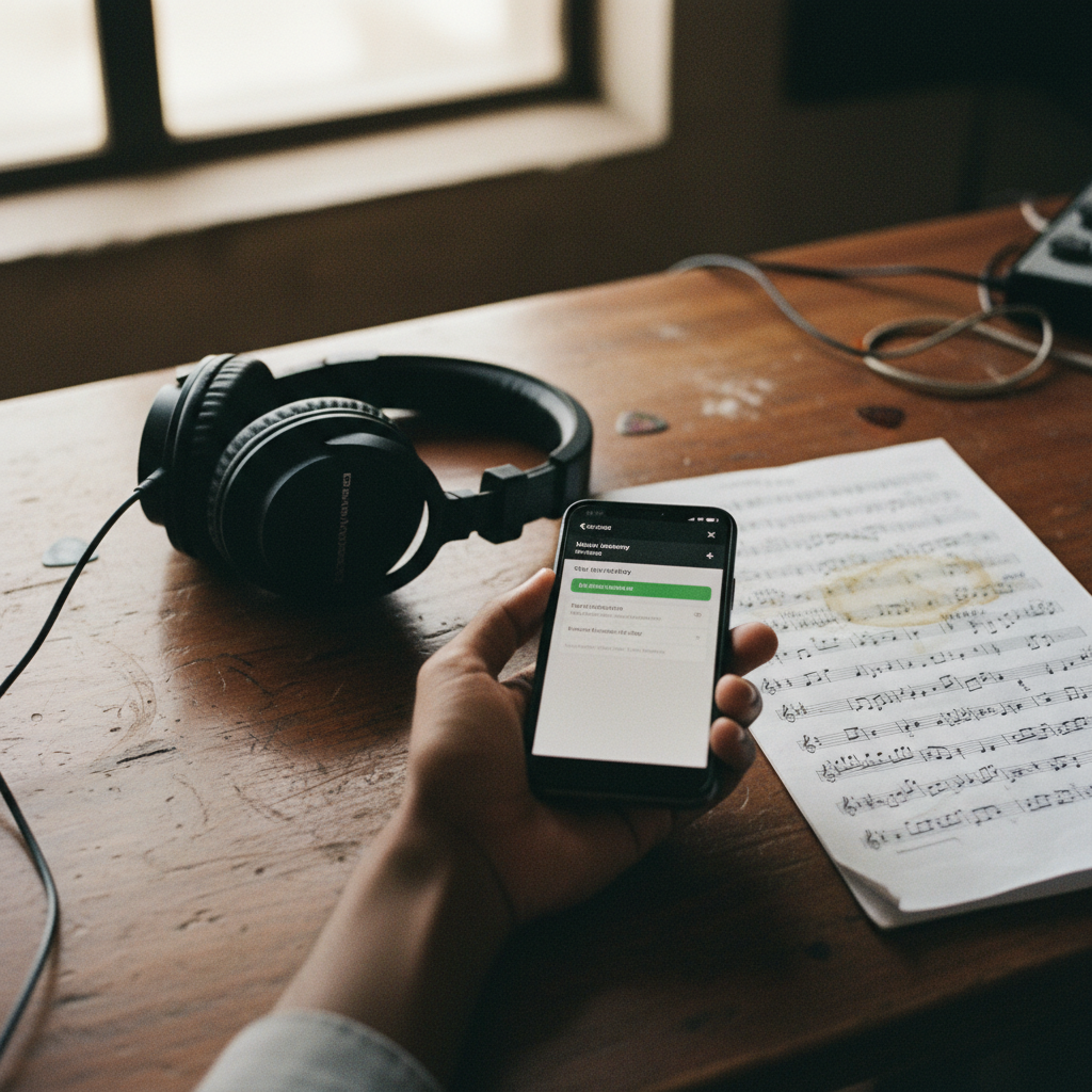 A close-up of a musician's hands holding a smartphone displaying a mobile money transaction confirmation next to a studio microphone.