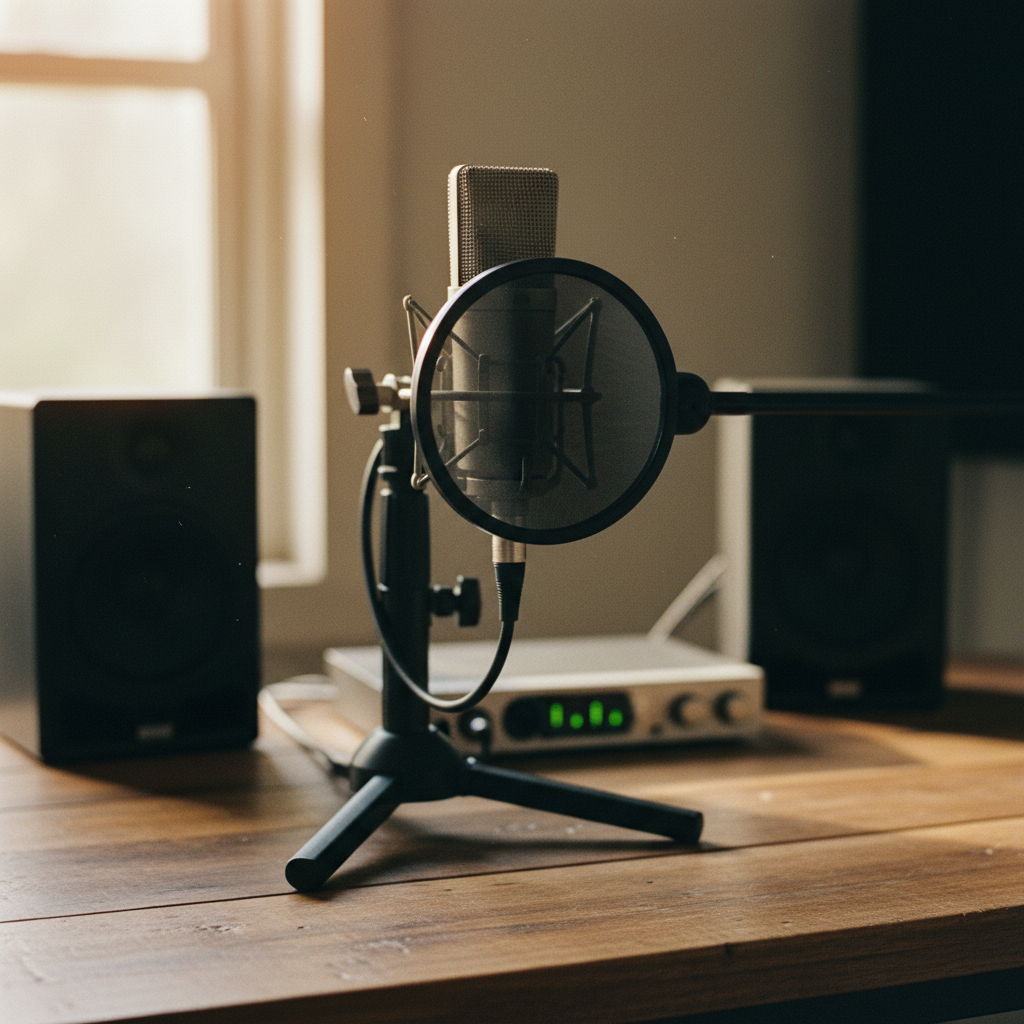 A professional home studio setup in Nairobi with a focus on a high-end microphone and acoustic foam.