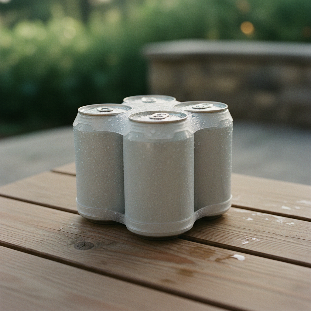 Close-up of a four-pack of 12oz beverage cans held together by clear plastic rings on a wet wooden table with condensation droplets.