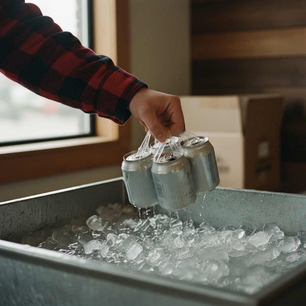 A person in a flannel shirt pulling a 4-pack of cans out of a metal cooler filled with ice.