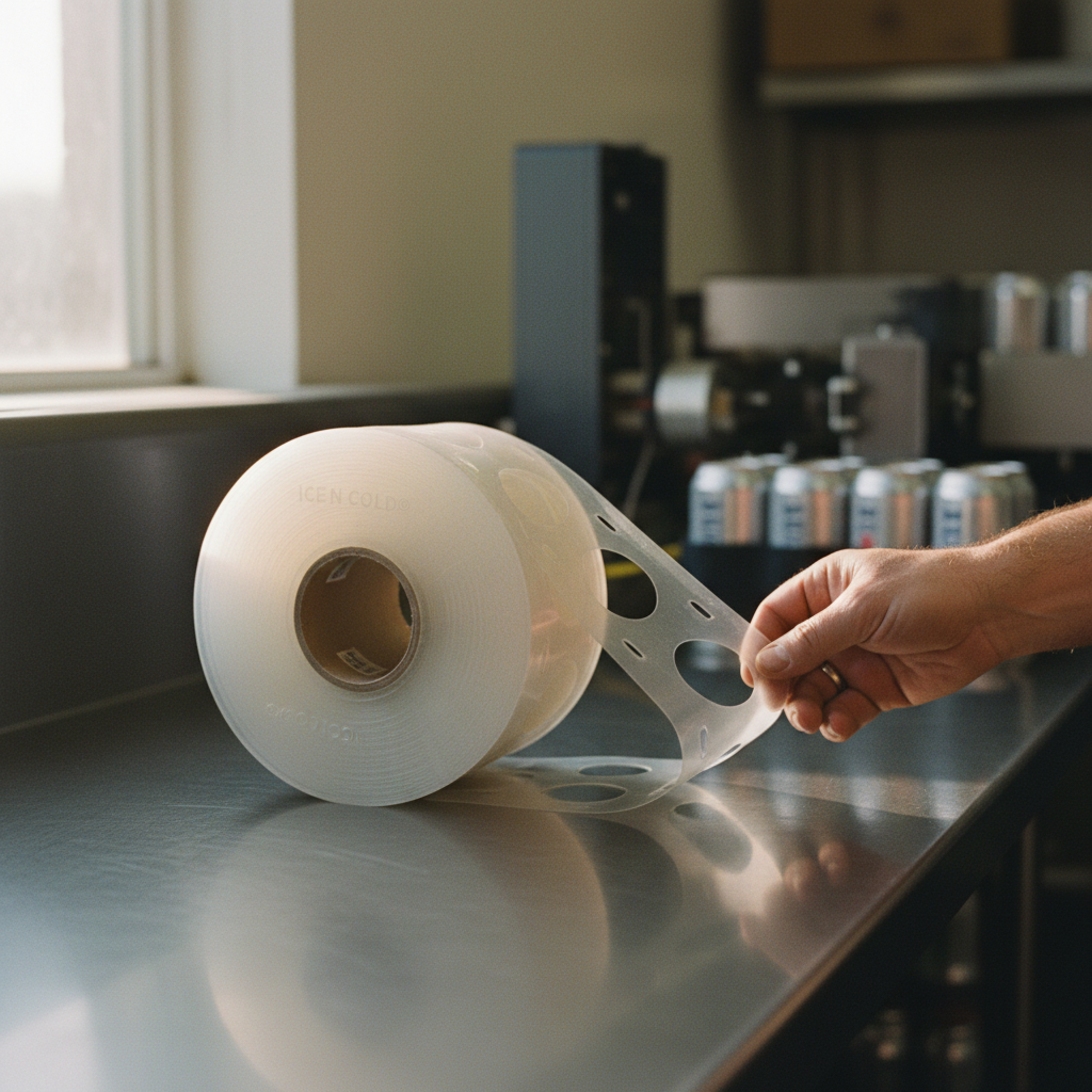 A bulk roll of beverage can rings being unrolled on a stainless steel brewery workbench.