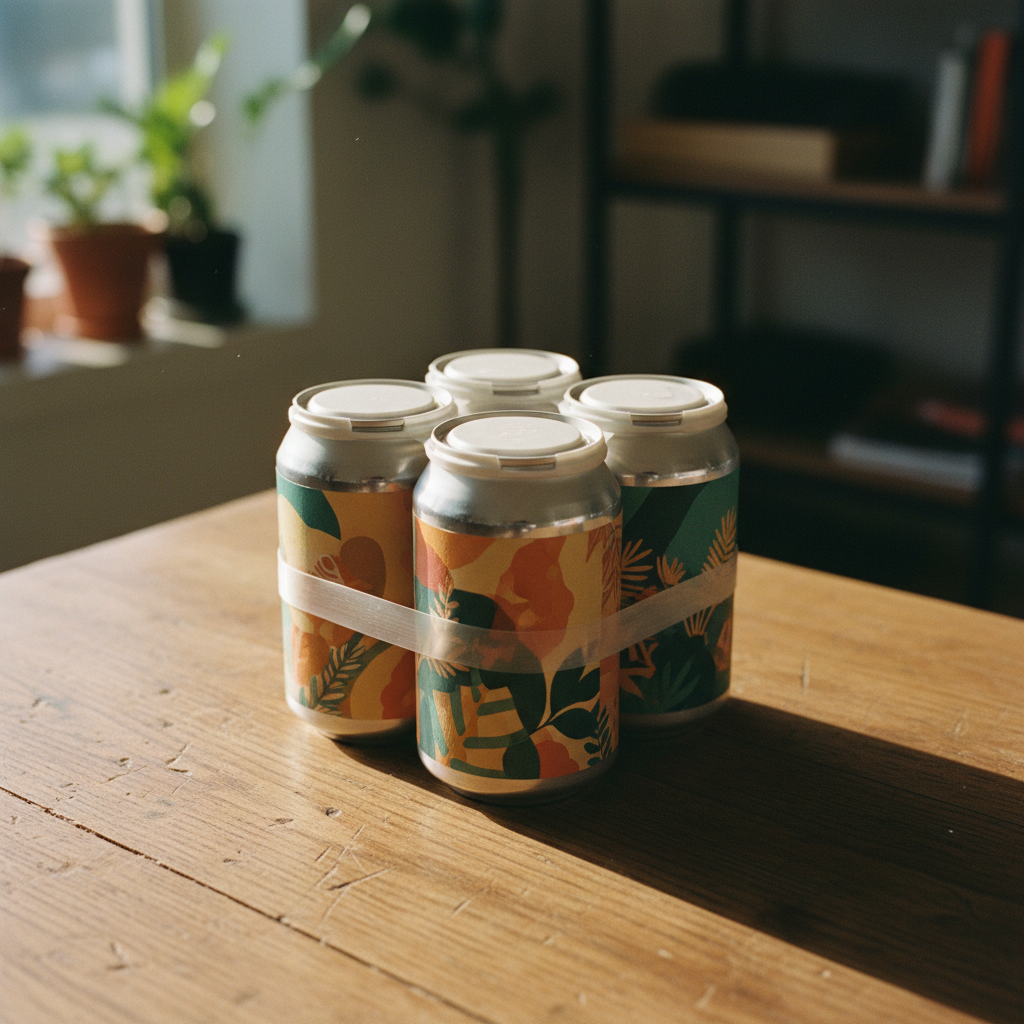 A close-up of a 4-pack of craft beer cans held together by clear plastic rings on a wooden tabletop with natural sunlight.