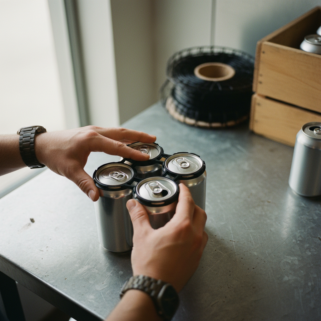A close-up of a hand snapping a 4-pack ring onto the top of four 12oz aluminum cans.