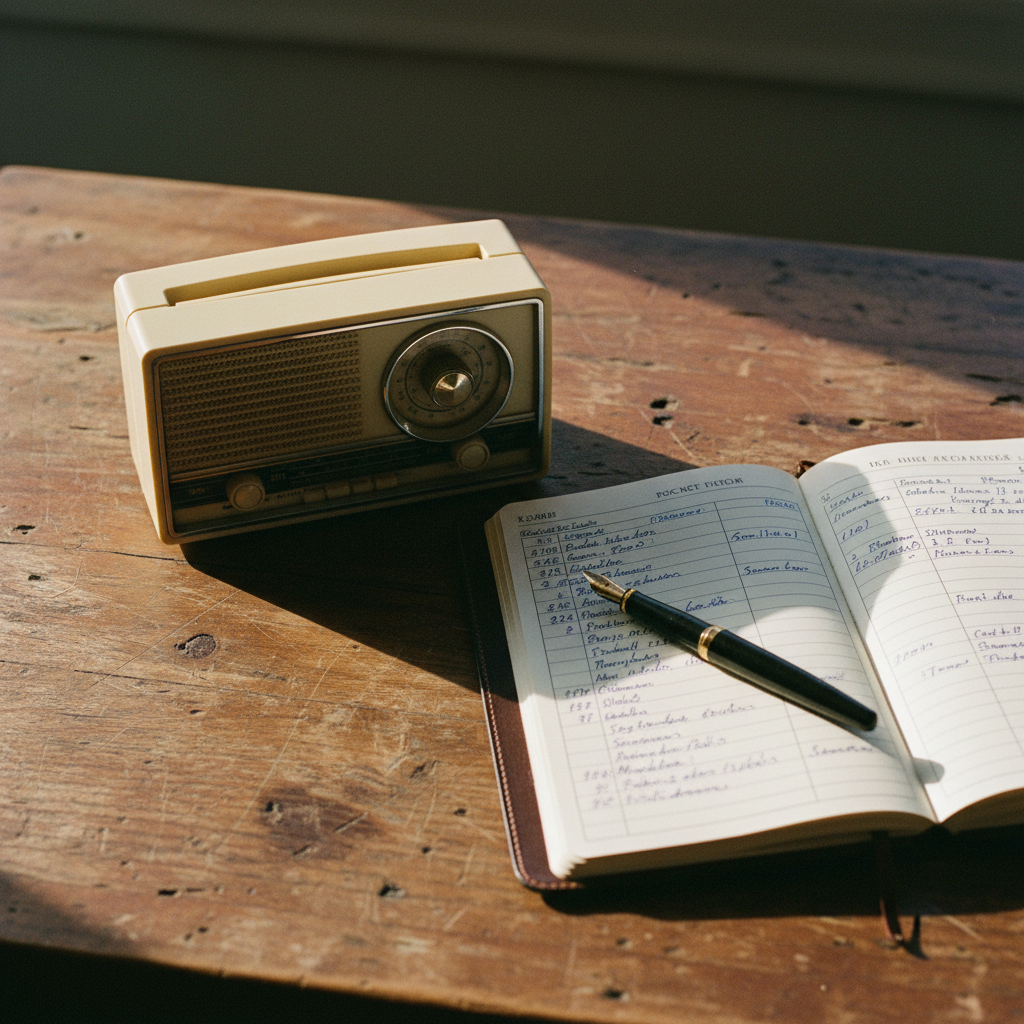 A vintage radio and a handwritten notebook with cricket statistics on a wooden table.