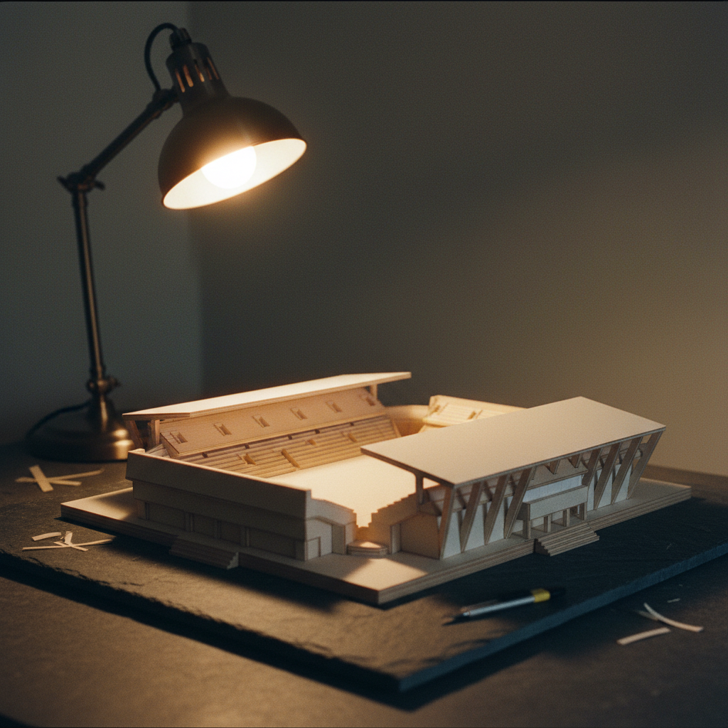 An architectural scale model of a modern cricket stadium under warm evening light.