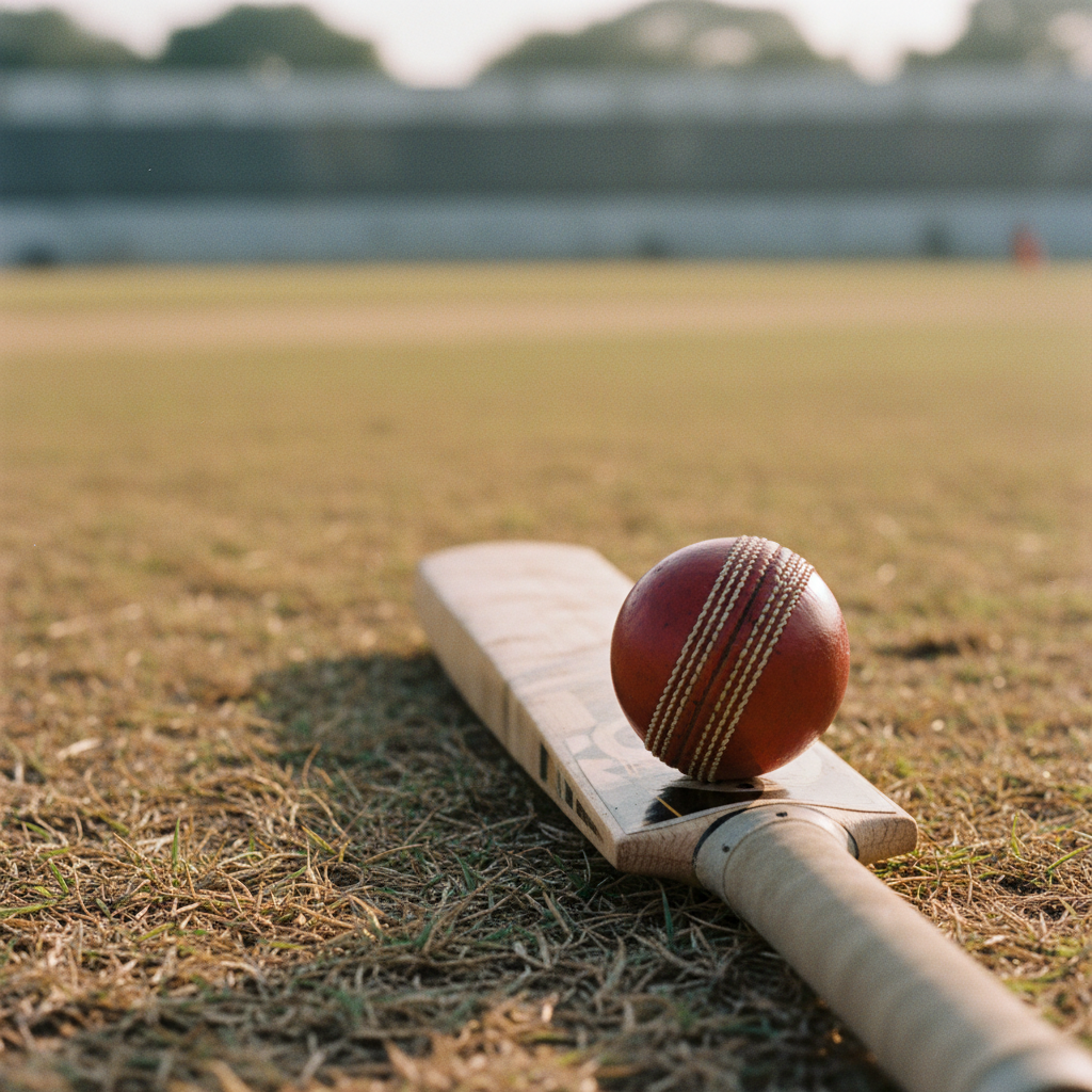 A close-up shot of a leather cricket ball and a worn wooden bat sitting on a green turf field during late afternoon sun.