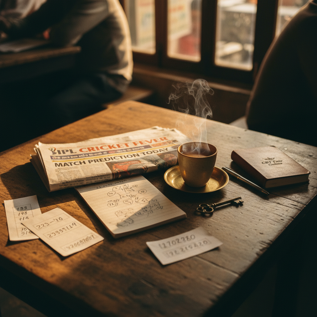 A physical sports newspaper and a ceramic cup of tea on a wooden table.