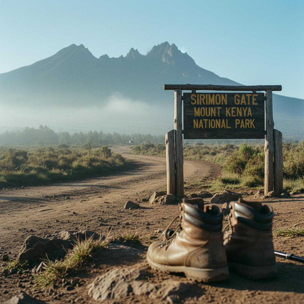 A close-up of a weathered wooden trail marker at Sirimon Gate with Mount Kenya peak in the distant background.