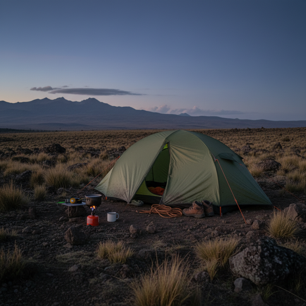 A high-quality camping tent pitched at Old Moses Camp during twilight.