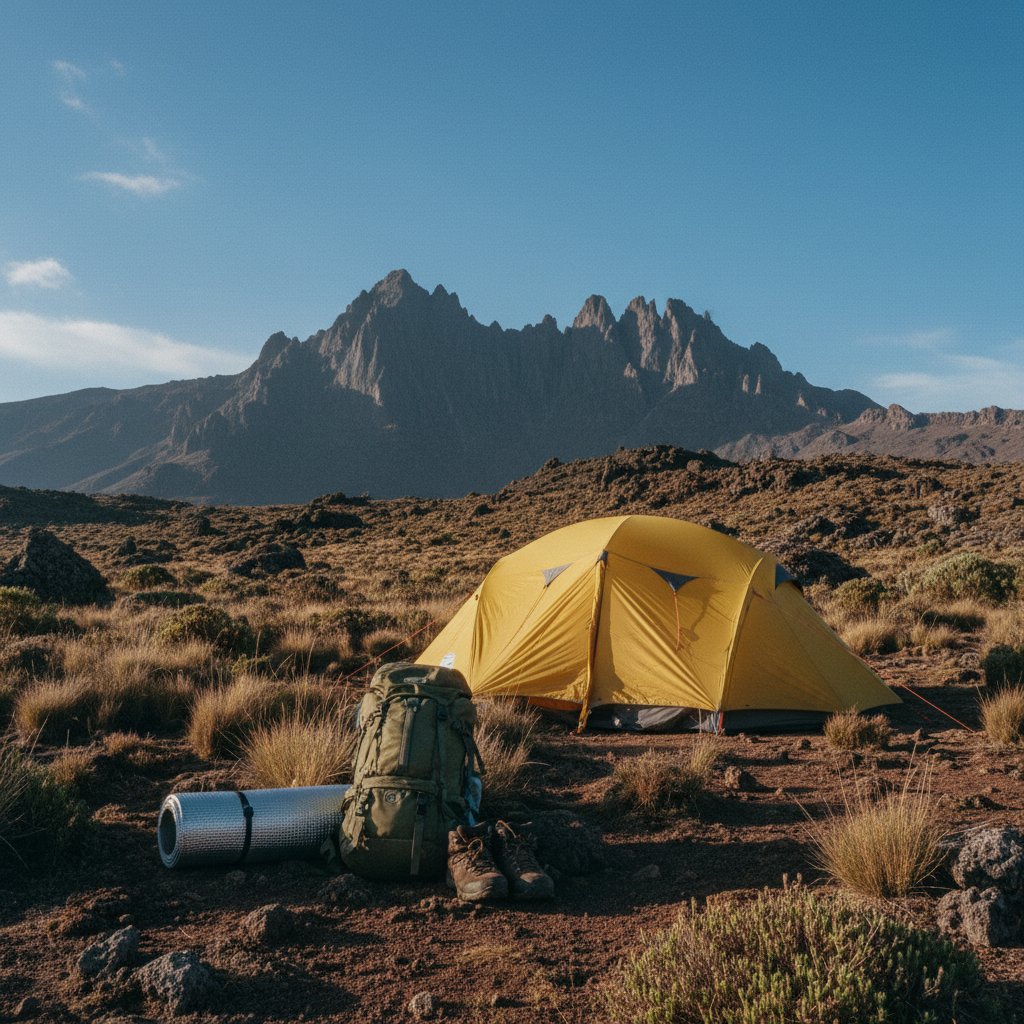 A high-altitude camping setup featuring a sturdy four-season tent and organized trekking gear at Likii North.
