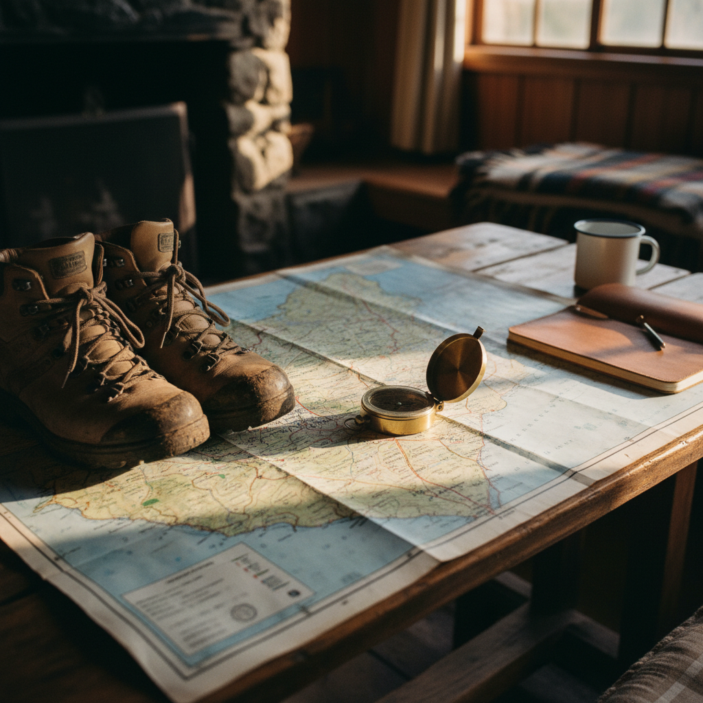 A professional mountain guide reviewing a topographic map of Mount Kenya on a wooden table with a compass.