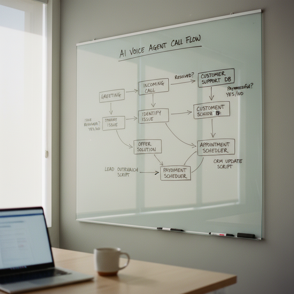 A clean workspace showing a whiteboard with a flowchart of customer service steps next to a desktop telephone.
