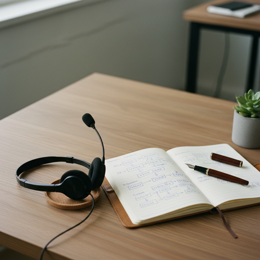 A close-up shot of a physical desk with a notepad, a pen, and a telecommunications headset resting on a wooden surface in natural light.