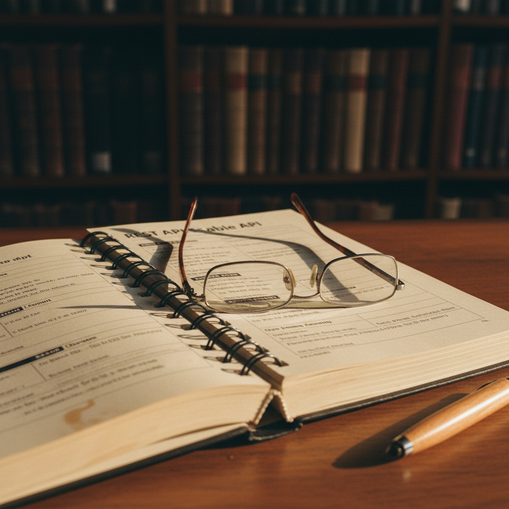 A close-up of a printed technical manual for ServiceNow API documentation resting on a desk with a pair of reading glasses.