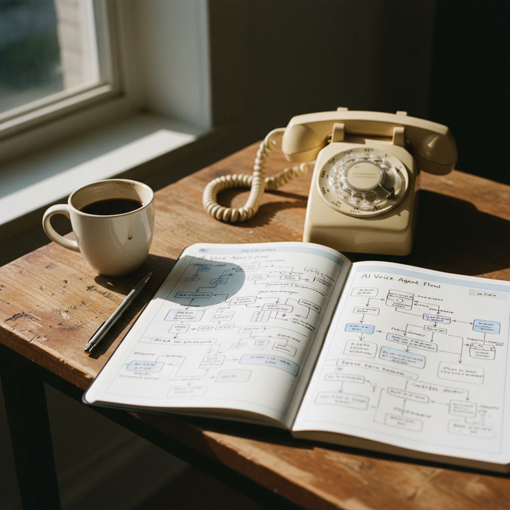 A clean, well-lit university-style engineering lab with a focus on a single workstation featuring a telephone handset and a notebook with technical diagrams.