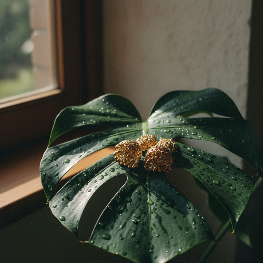 A pair of gold-toned stainless steel jhumkas resting on a damp tropical leaf to signify moisture resistance.