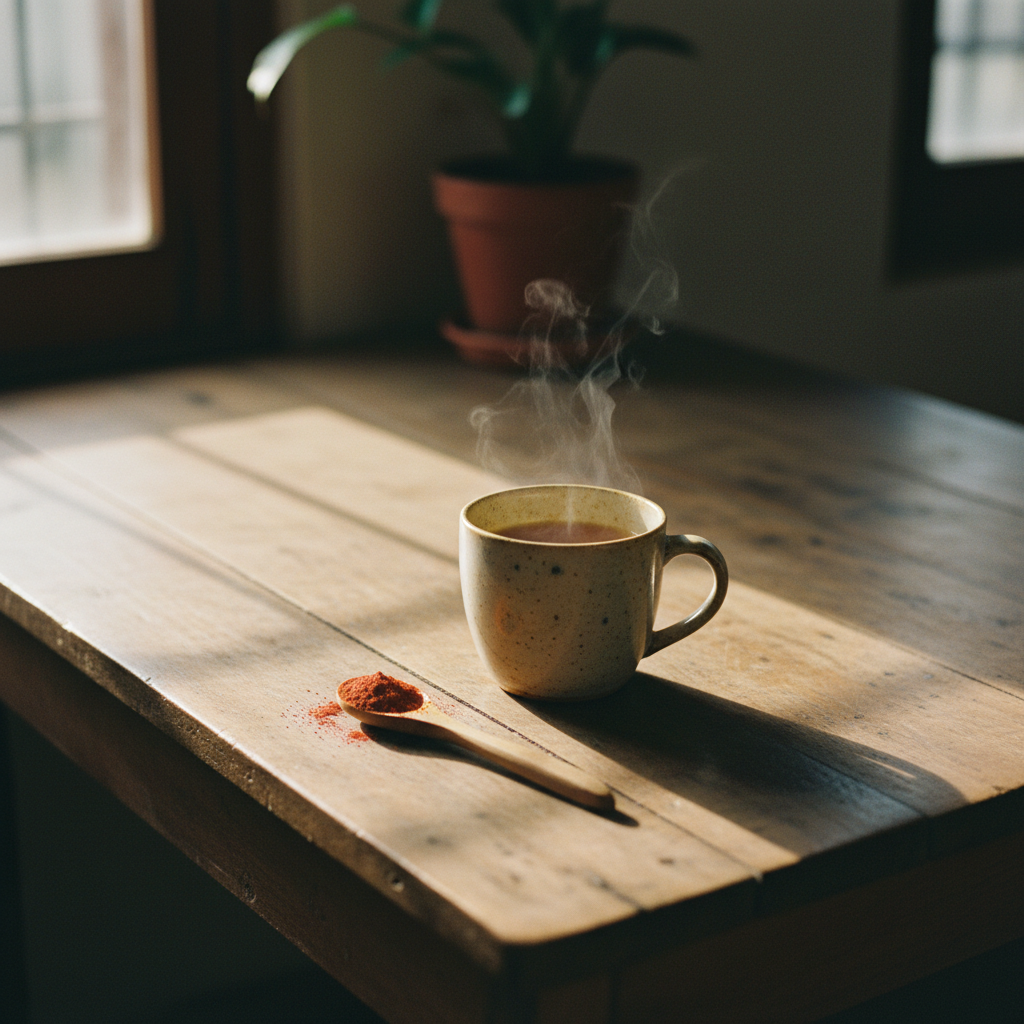 A rustic kitchen counter with a ceramic mug, a small wooden spoon, and a glass jar of herbal powder in the morning sun.