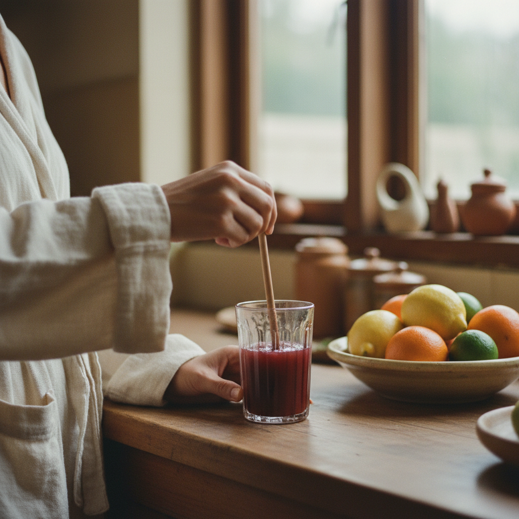 Close up of a person's hands holding a glass of water and a small wooden stirrer.