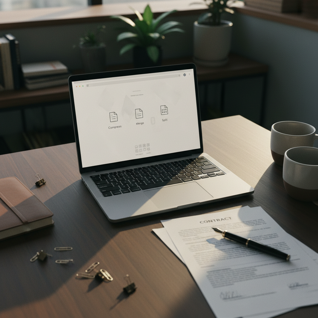 A close-up shot of a legal professional's desk in a Singapore office, with a printed contract and a laptop open to a PDF editing interface.